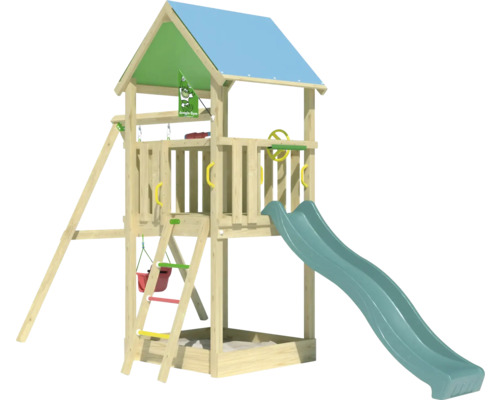 Tour de jeux avec toboggan, balançoire et bac à sable