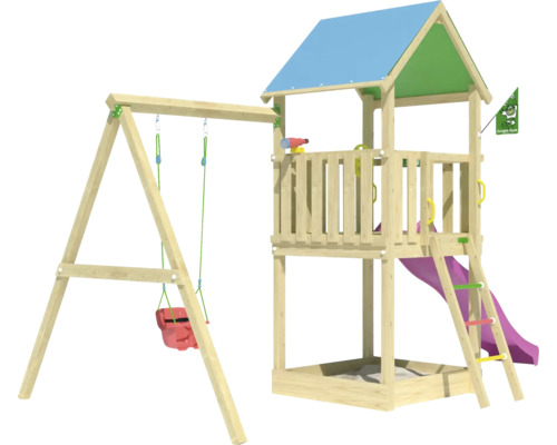 Tour de jeu en bois avec balançoire, toboggan et bac à sable