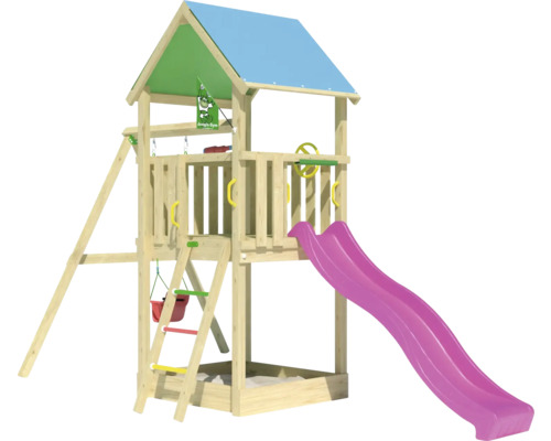 Tour de jeu en bois avec toboggan et balançoire