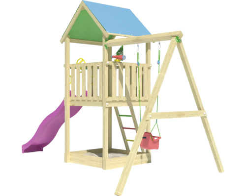 Tour de jeu en bois avec toboggan et balançoire