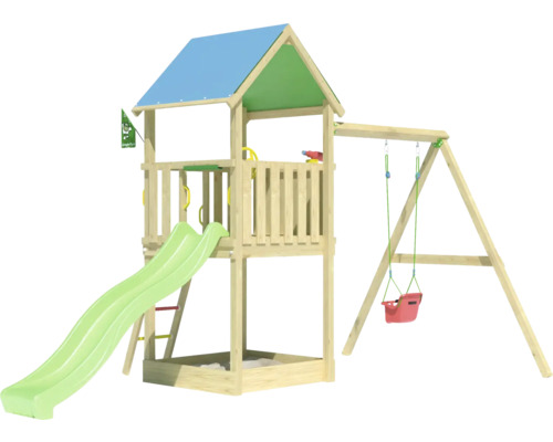 Tour de jeux en bois avec toboggan et balançoire