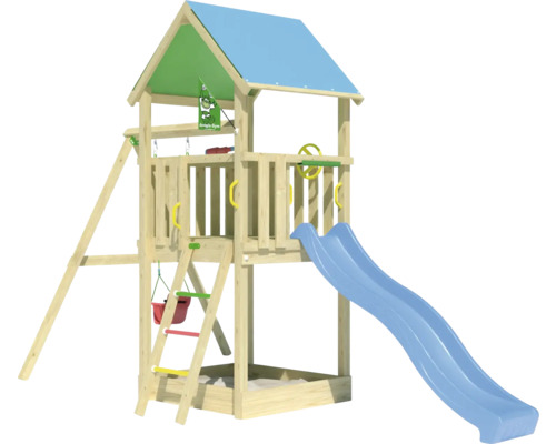 Tour de jeu en bois avec toboggan, échelle et balançoire