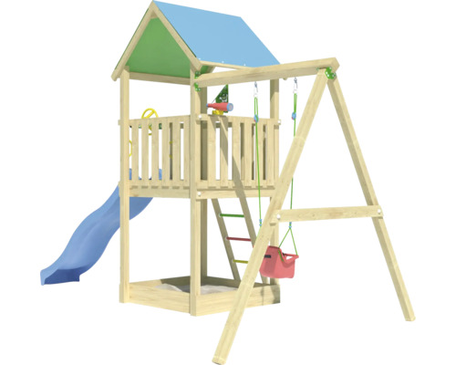 Tour de jeux avec balançoire, toboggan et échelle en bois
