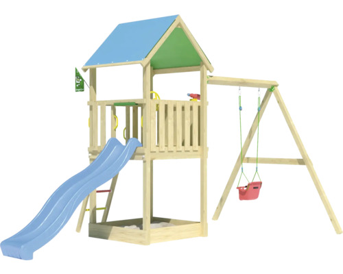 Tour de jeux en bois avec toboggan et balançoire