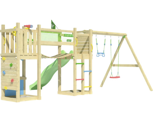 Tour de jeux en bois avec toboggan, mur d''escalade et balançoire