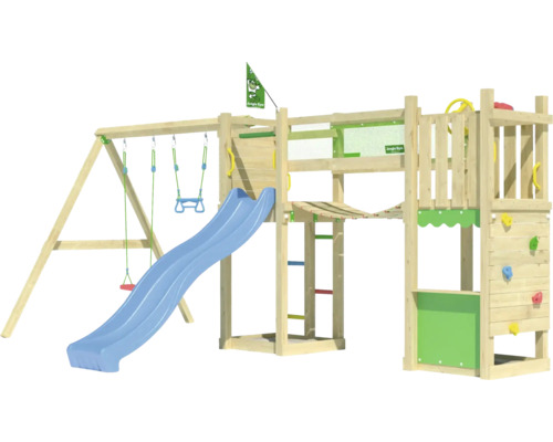 Aire de jeux en bois avec balançoire, toboggan, mur d''escalade et échelle