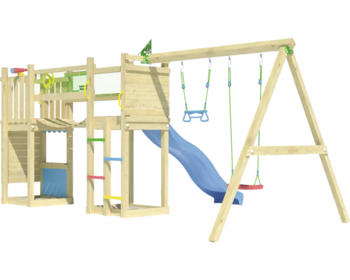 Aire de jeux en bois avec toboggan et balançoire