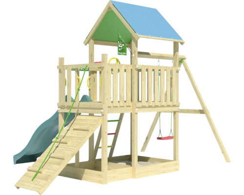 Tour de jeu avec toboggan, balançoire et mur d''escalade
