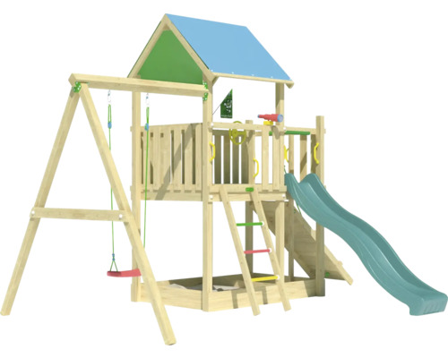 Tour de jeu en bois avec balançoire, toboggan et bac à sable
