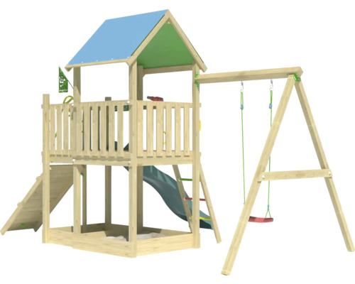 Tour de jeux en bois avec toboggan, balançoire et bac à sable