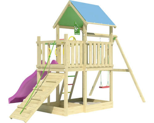 Tour de jeux avec toboggan, balançoire et mur d''escalade en bois