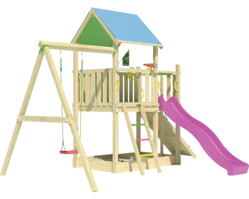 Tour de jeux avec balançoire, toboggan et bac à sable en bois