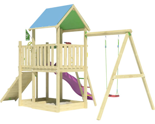 Tour de jeu avec toboggan et balançoire en bois