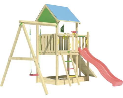 Aire de jeux avec balançoire, toboggan et tour de jeux en bois