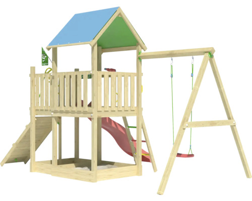 Tour de jeu en bois avec toboggan et balançoire