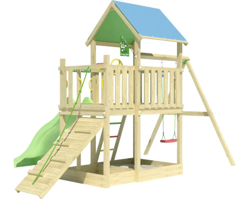 Aire de jeux avec toboggan, balançoire et structure d''escalade en bois