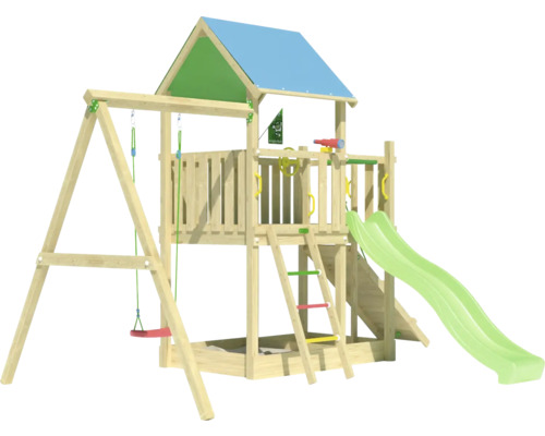 Aire de jeux avec balançoire, toboggan, mur d''escalade et bac à sable