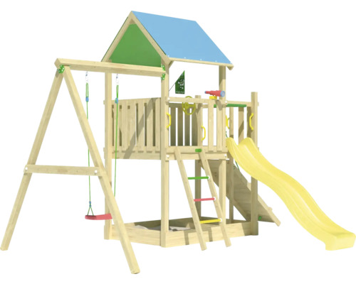 Tour de jeu avec balançoire, toboggan et bac à sable en bois