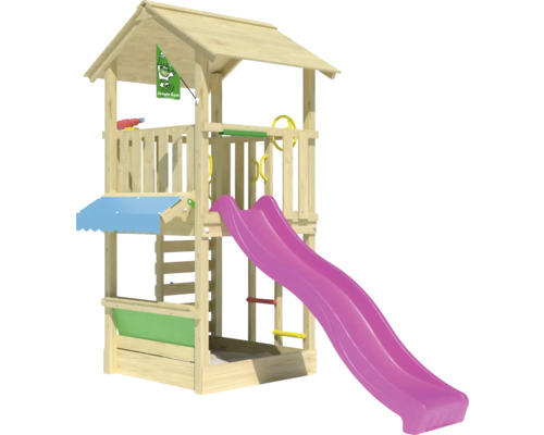 Tour de jeu en bois avec toboggan et bac à sable