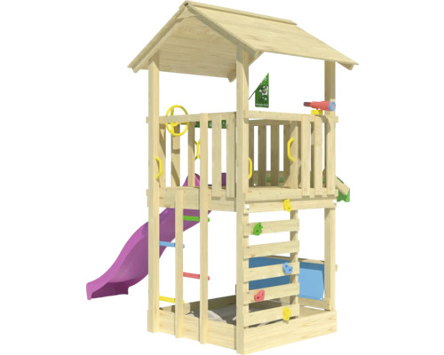 Tour de jeux en bois avec toboggan, mur d''escalade et toit