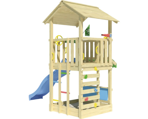 Spielturm aus Holz mit Rutsche und Kletterwand