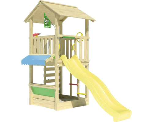 Spielturm aus Holz mit Rutsche und Klettergerüst