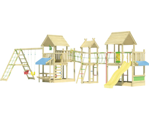 Aire de jeux en bois avec toboggan, balançoire et structure d''escalade