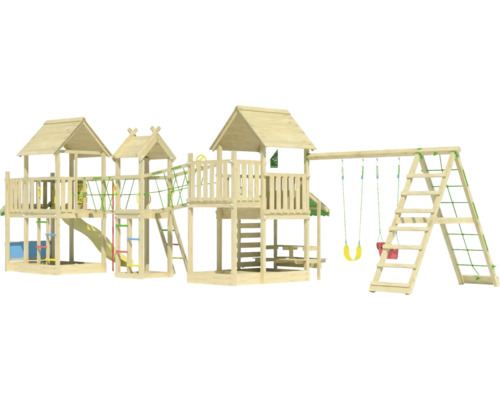 Grande tour de jeu en bois avec balançoire, toboggan et structure d''escalade pour l''extérieur