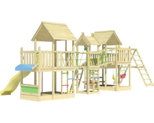 Aire de jeux en bois avec toboggan, balançoires et structure d''escalade