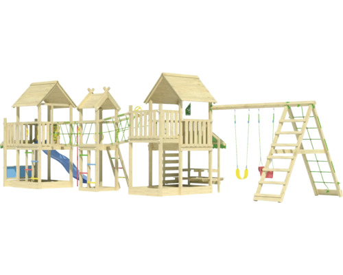 Aire de jeux avec toboggan, balançoires et structure d''escalade en bois