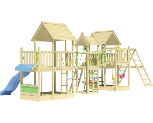 Aire de jeux avec toboggan, balançoire et structure d''escalade en bois