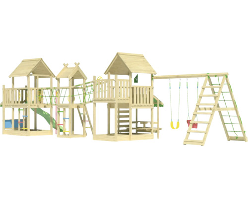 Aire de jeux en bois avec toboggan, balançoires et mur d''escalade