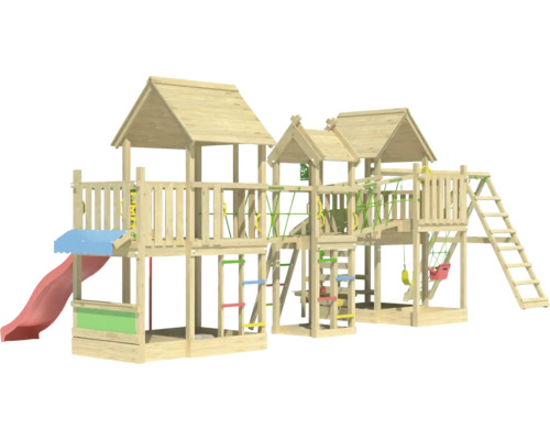 Spielturm aus Holz mit Rutsche, Leiter und Schaukel für den Garten