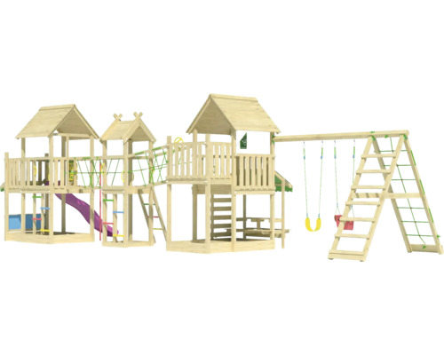 Aire de jeux en bois avec toboggan, balançoire et mur d''escalade pour le jardin