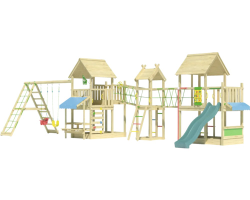 Grande tour de jeu en bois avec toboggan, balançoire et mur d''escalade pour le jardin