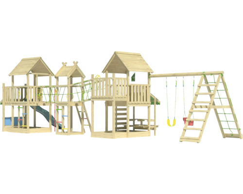 Aire de jeux en bois avec toboggan, balançoires, mur d''escalade et tour de jeux