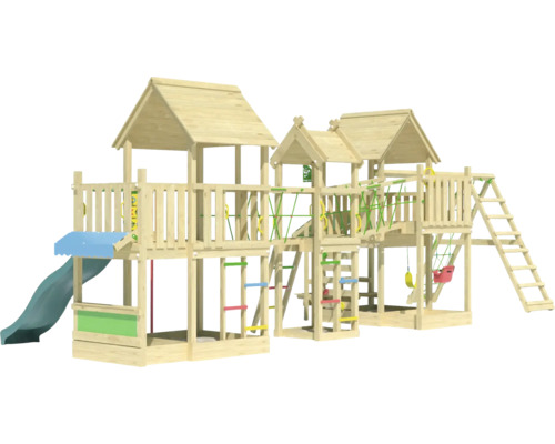 Aire de jeux en bois avec toboggan, mur d''escalade et balançoire