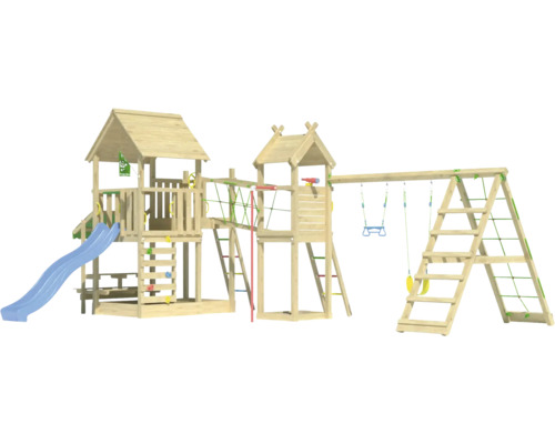 Aire de jeux en bois avec toboggan, balançoire et échelle d''escalade pour enfants