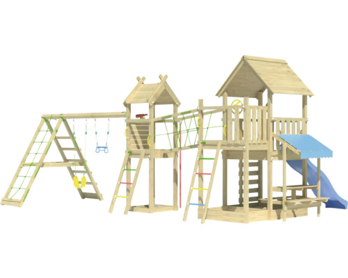 Aire de jeux en bois avec balançoire, toboggan et tour d''escalade