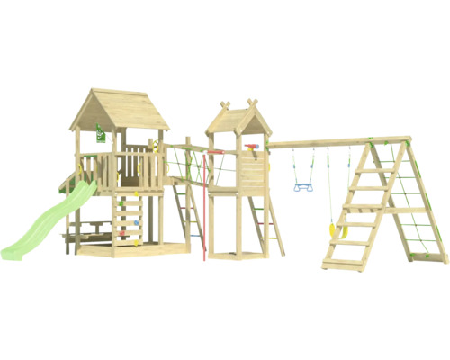 Aire de jeux en bois avec toboggan, balançoire et structure d''escalade pour l''extérieur