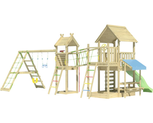 Aire de jeux en bois avec balançoire, mur d''escalade, toboggan et deux tours de jeux