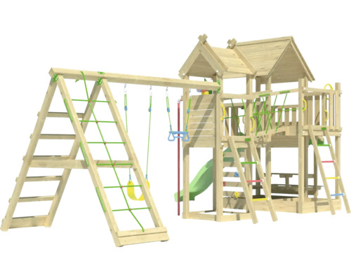 Aire de jeux en bois avec balançoire, toboggan et structure d''escalade