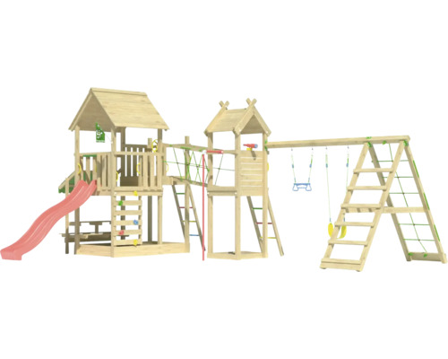 Aire de jeux en bois avec toboggan, balançoire et mur d''escalade