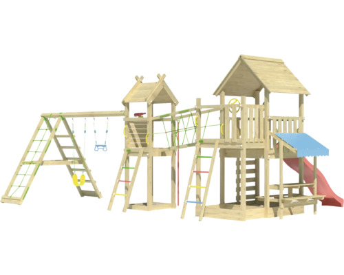 Aire de jeux en bois avec toboggan, balançoire et structure d''escalade