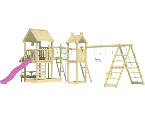 Aire de jeux en bois avec toboggan, balançoire et structure d''escalade pour l''extérieur