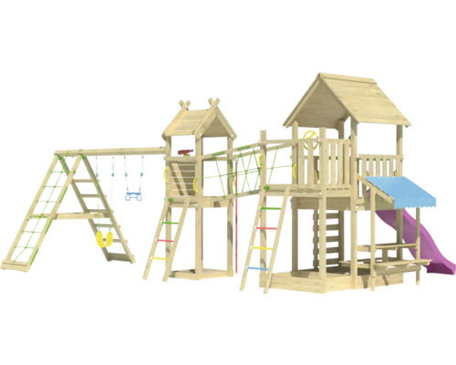 Aire de jeux en bois avec balançoire, toboggan et structure d''escalade pour le jardin