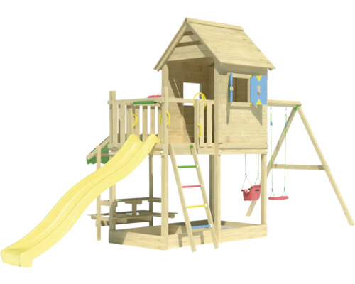 Aire de jeux en bois avec toboggan, balançoire et cabane pour l''extérieur