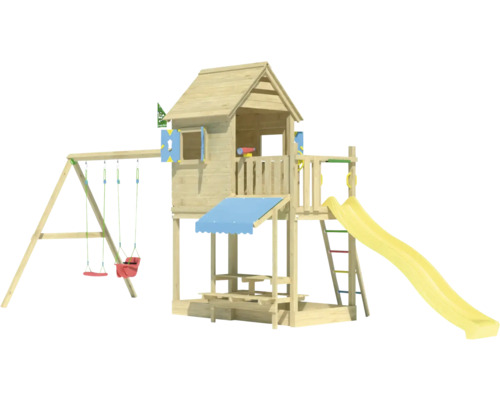 Aire de jeux avec balançoire, toboggan et cabane en bois