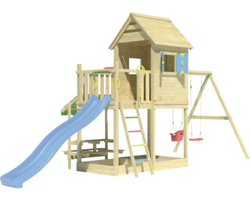 Tour de jeu en bois avec toboggan et balançoire