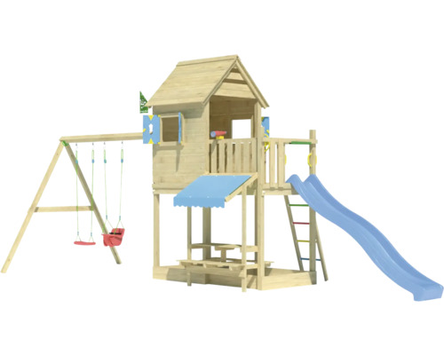 Aire de jeux avec toboggan, balançoire et cabane en bois